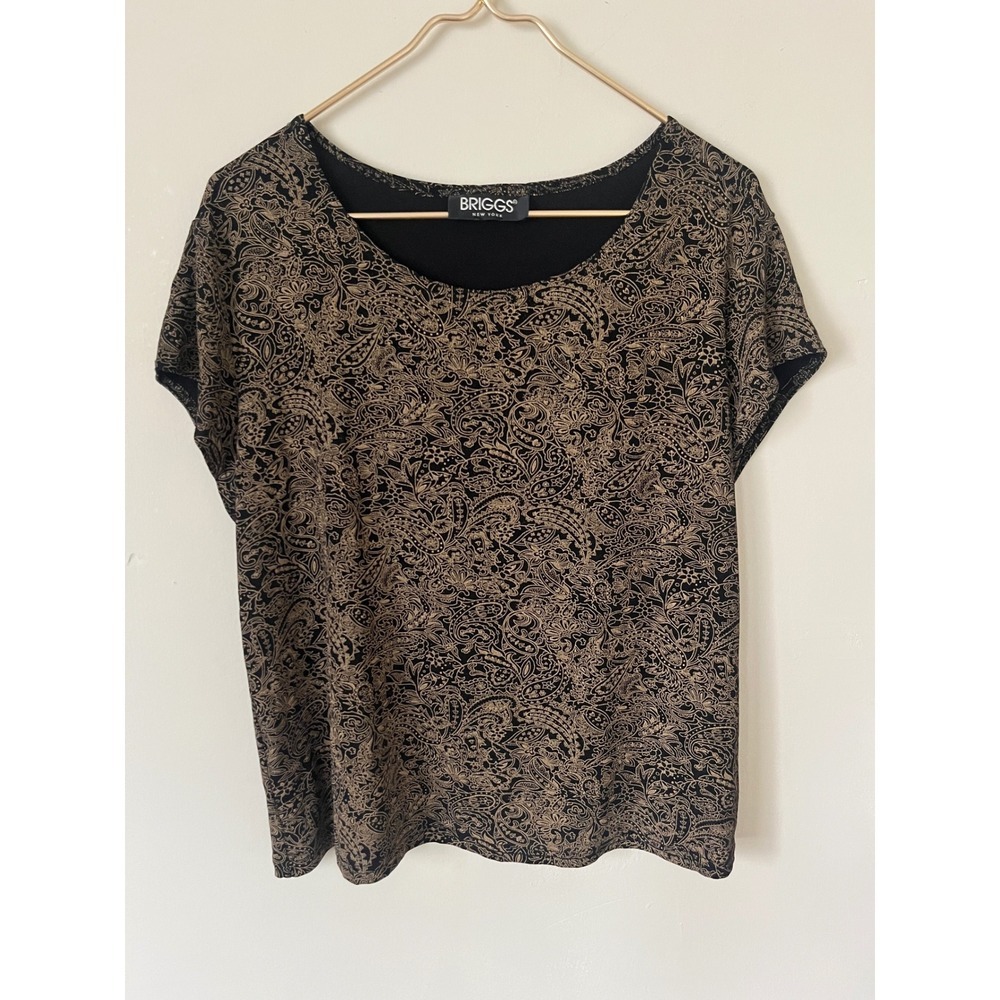 Briggs New York Metallic Gold Black Paisley Scoop Neck Top Grunge Goth Y2K L